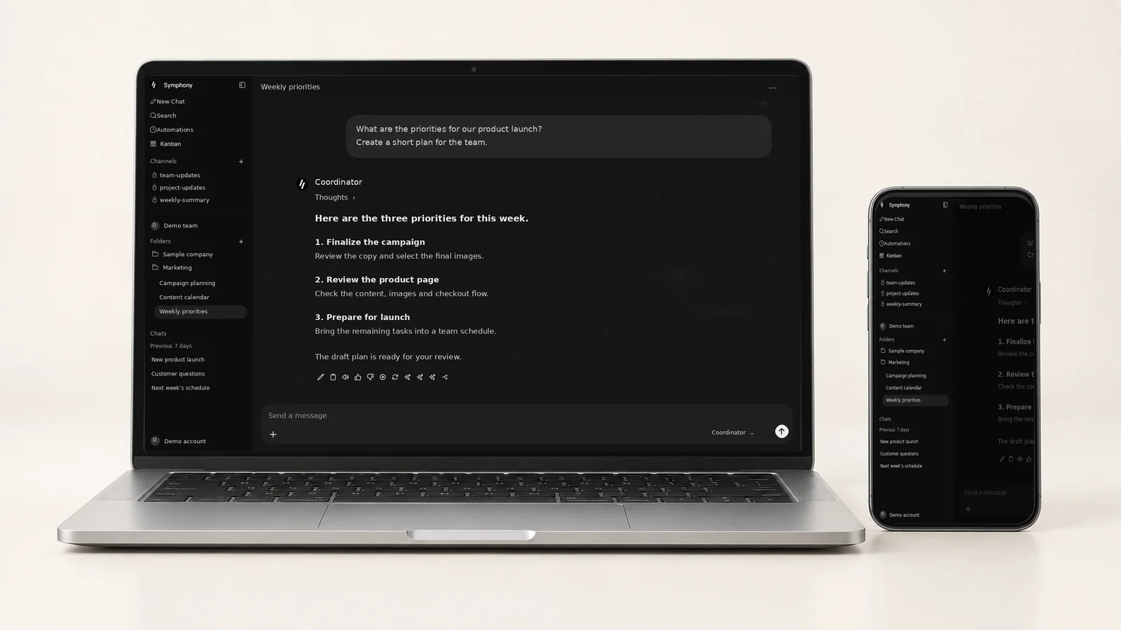 The Symphony app on laptop and phone