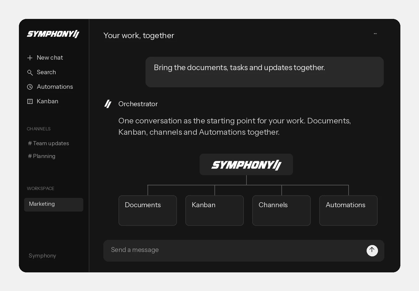 The Symphony app with conversations, documents, Kanban and Automations